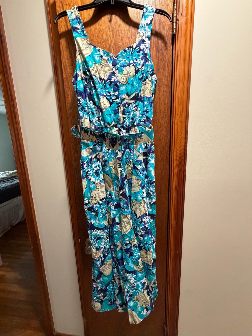 Impressions Floral/Beachy Belted Dress- Blue, Teal & Cream